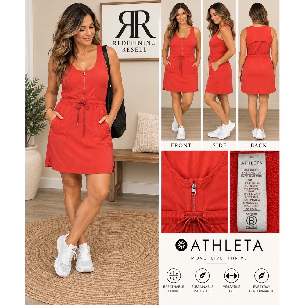 Athleta Santorini Thistle Red Zip Front Drawstring Pocket Active Dress Size 2